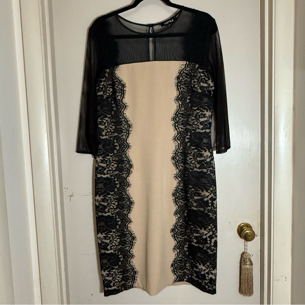 Chetta B Nude with Black Lace Overlay Cocktail Dress - Size 12